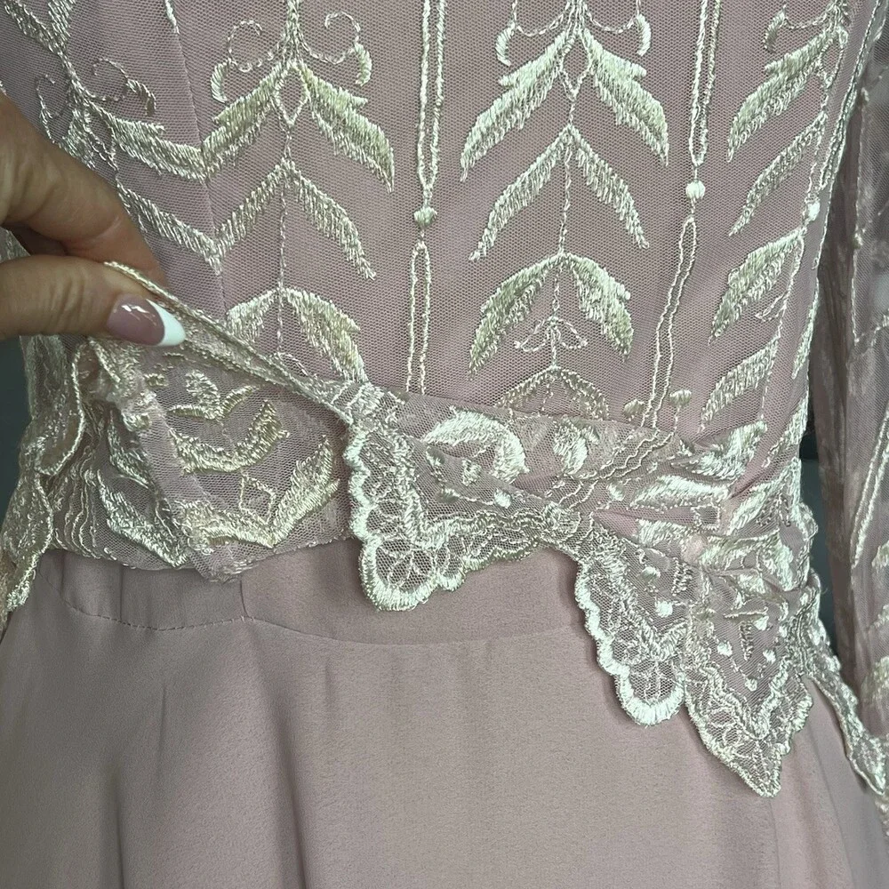 Vintage Cachet Bari Protas Pink Rose Dress 7/8 Sheer Embroidered Formal Gown - Picture 9 of 15